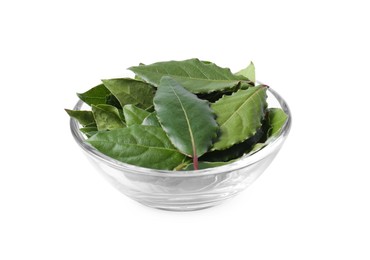 Bowl with fresh bay leaves on white background