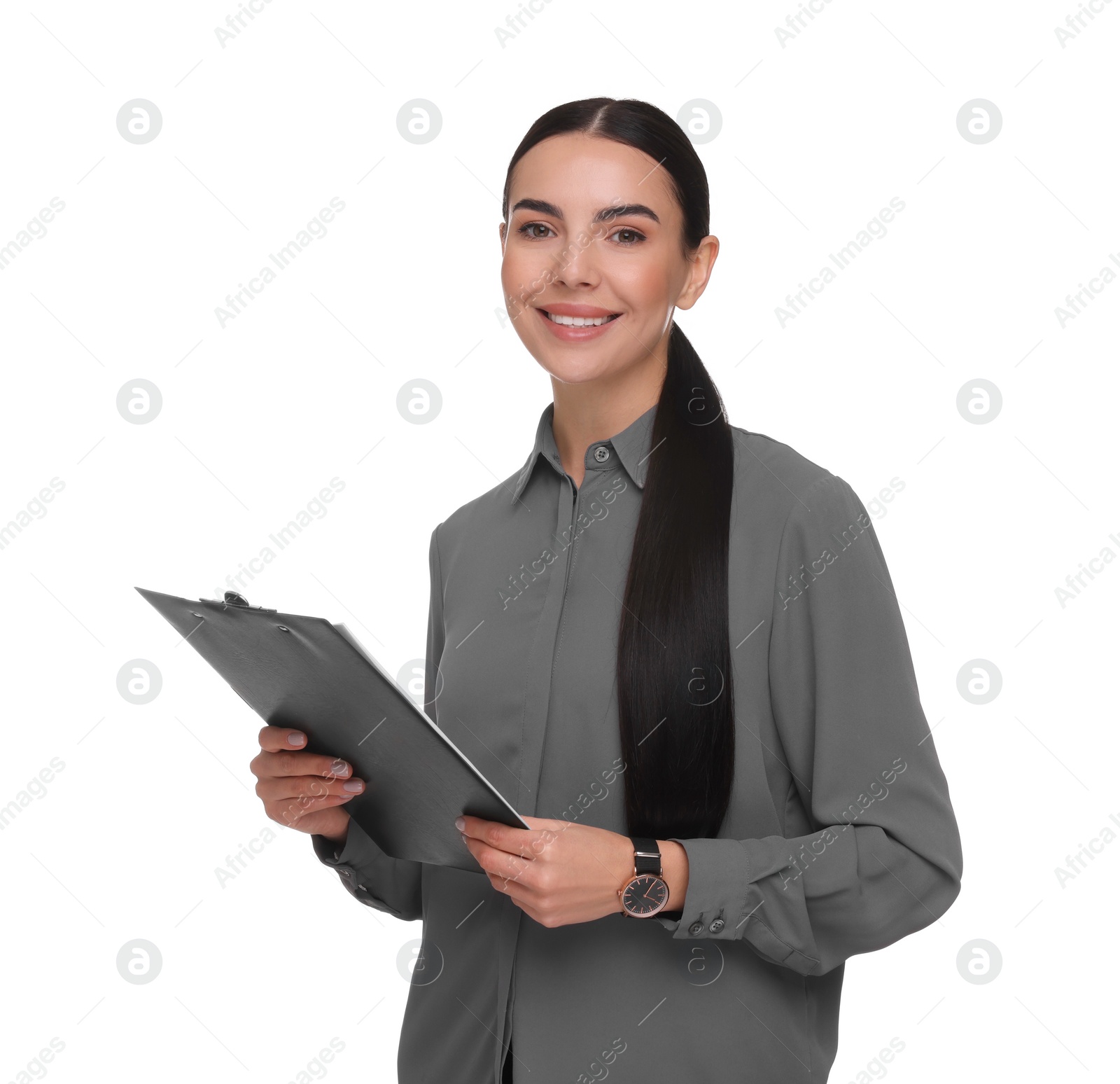 Photo of Portrait of smiling woman with clipboard on white background. Lawyer, businesswoman, accountant or manager