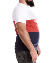 Fat man on white background, closeup. Weight loss