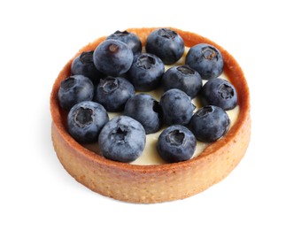 Photo of Tartlet with fresh blueberries isolated on white. Delicious dessert