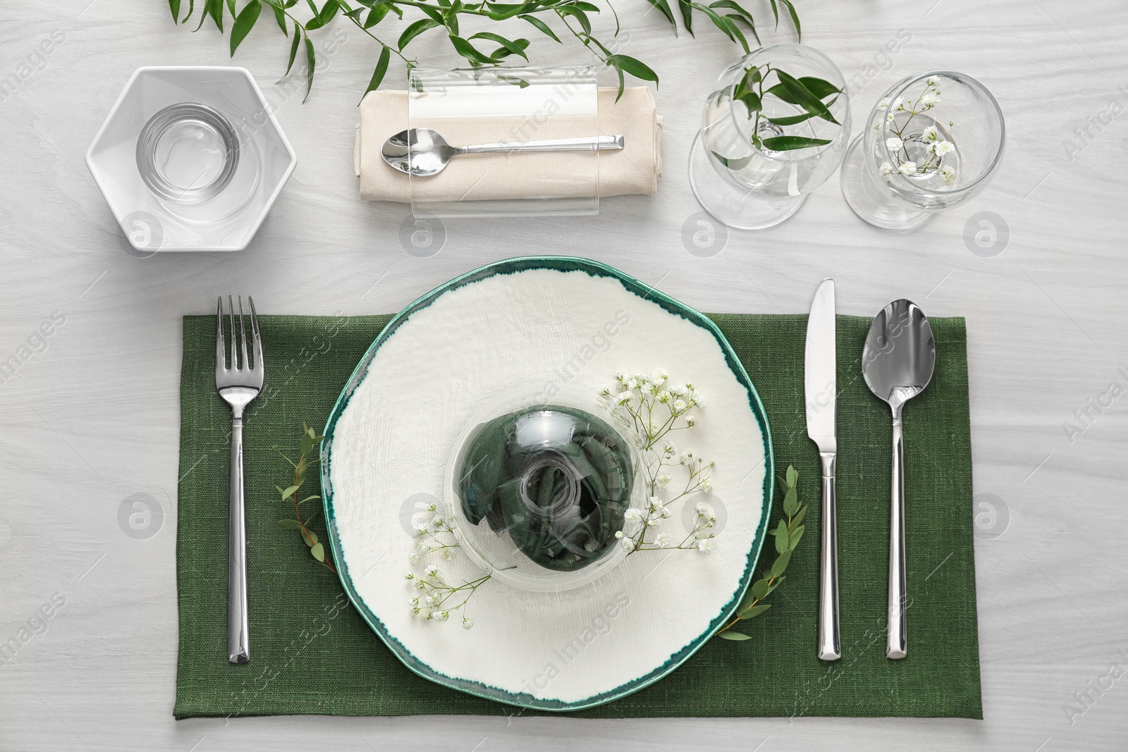 Photo of Elegant festive setting on white wooden table, flat lay