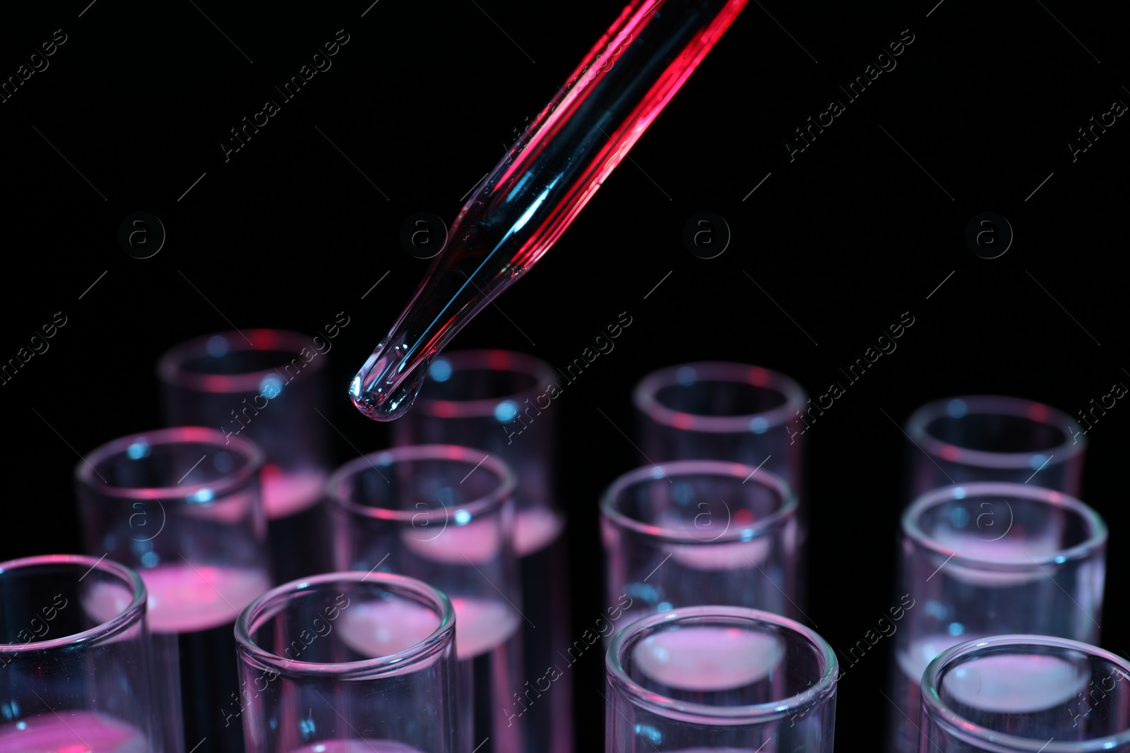 Photo of Dripping reagent into test tube on black background, closeup. Laboratory analysis