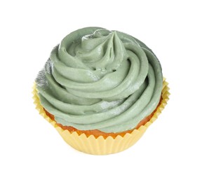 Delicious cupcake with green cream isolated on white