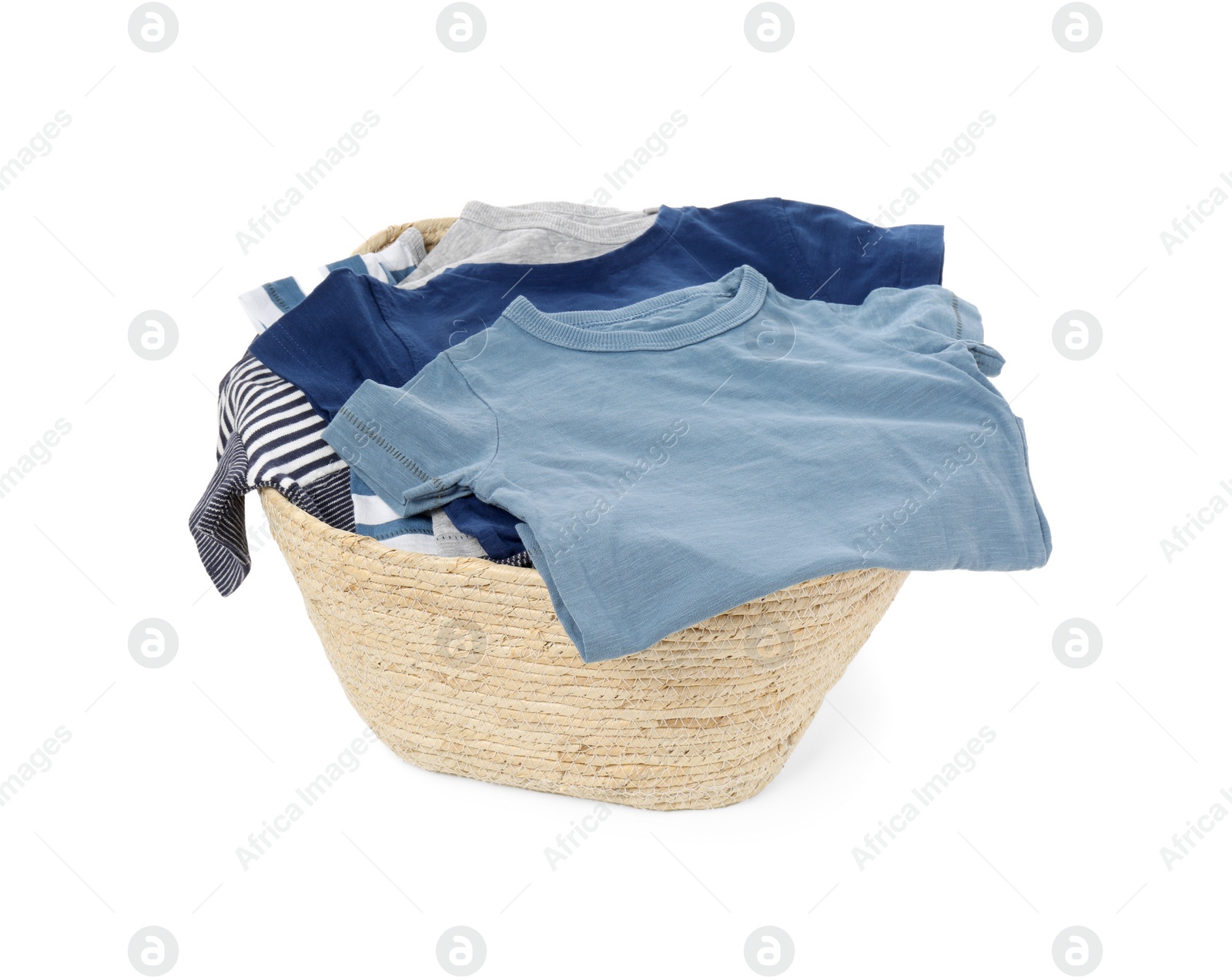 Photo of Laundry basket with baby clothes isolated on white