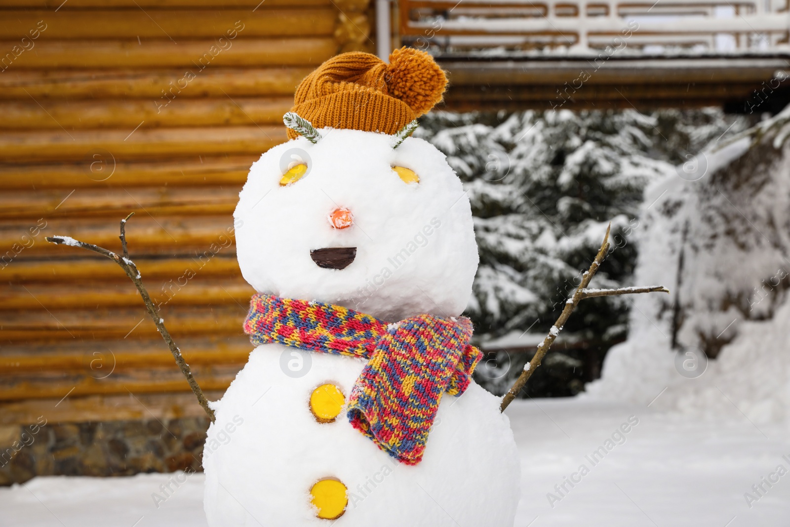 Photo of Funny snowman with hat and scarf outdoors. Winter vacation