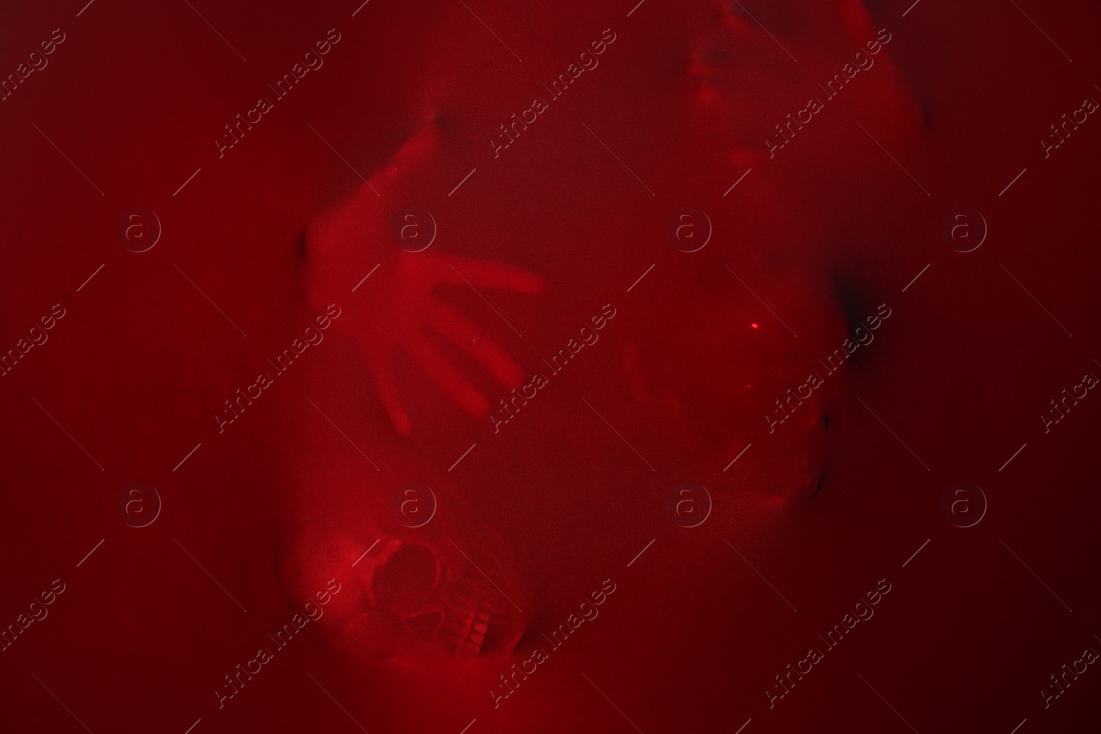 Photo of Silhouette of creepy ghost with skulls behind red cloth