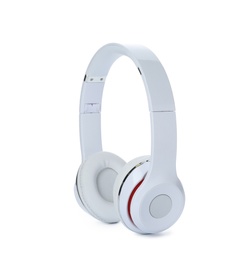 Photo of Stylish modern headphones with earmuffs on white background