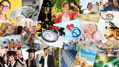 Image of Vision board design. Collage with different photos representing dreams