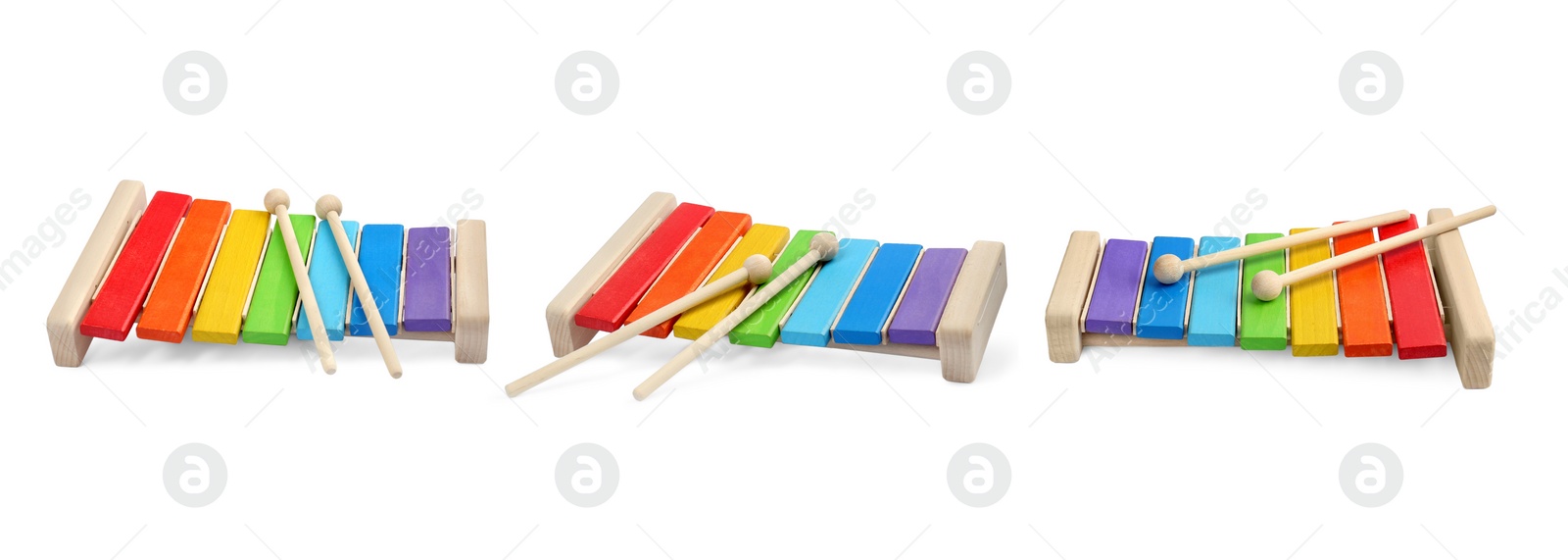 Image of Bright colorful rainbow xylophone isolated on white, different angles. Collage design with children's toy