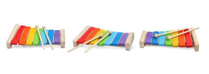 Image of Bright colorful rainbow xylophone isolated on white, different angles. Collage design with children's toy