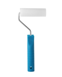 Paint roller brush on white background, top view