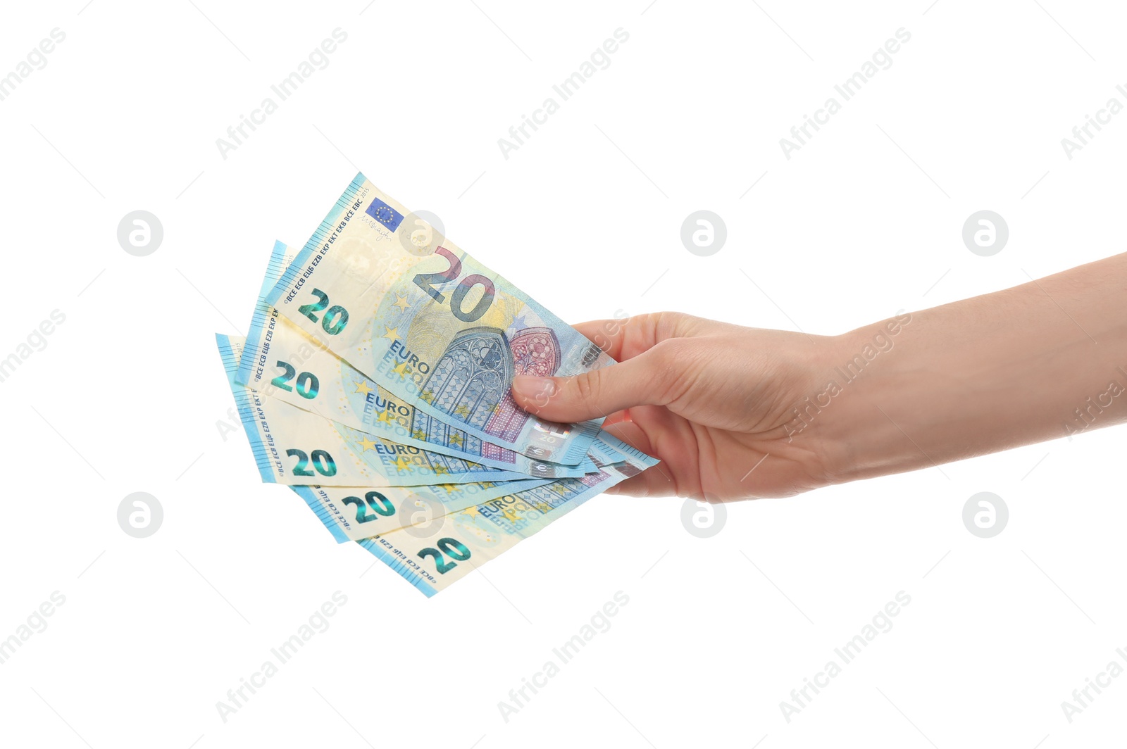 Photo of Woman with money on white background, closeup