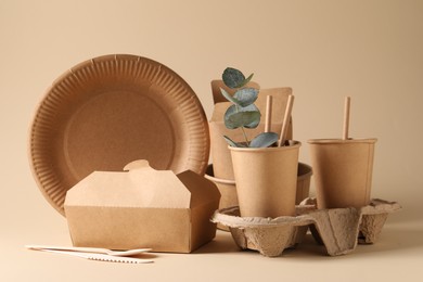 Photo of Eco friendly food packaging. Paper containers, tableware and eucalyptus branch on beige background