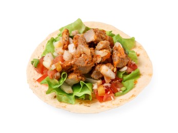 Delicious taco with vegetables and meat isolated on white