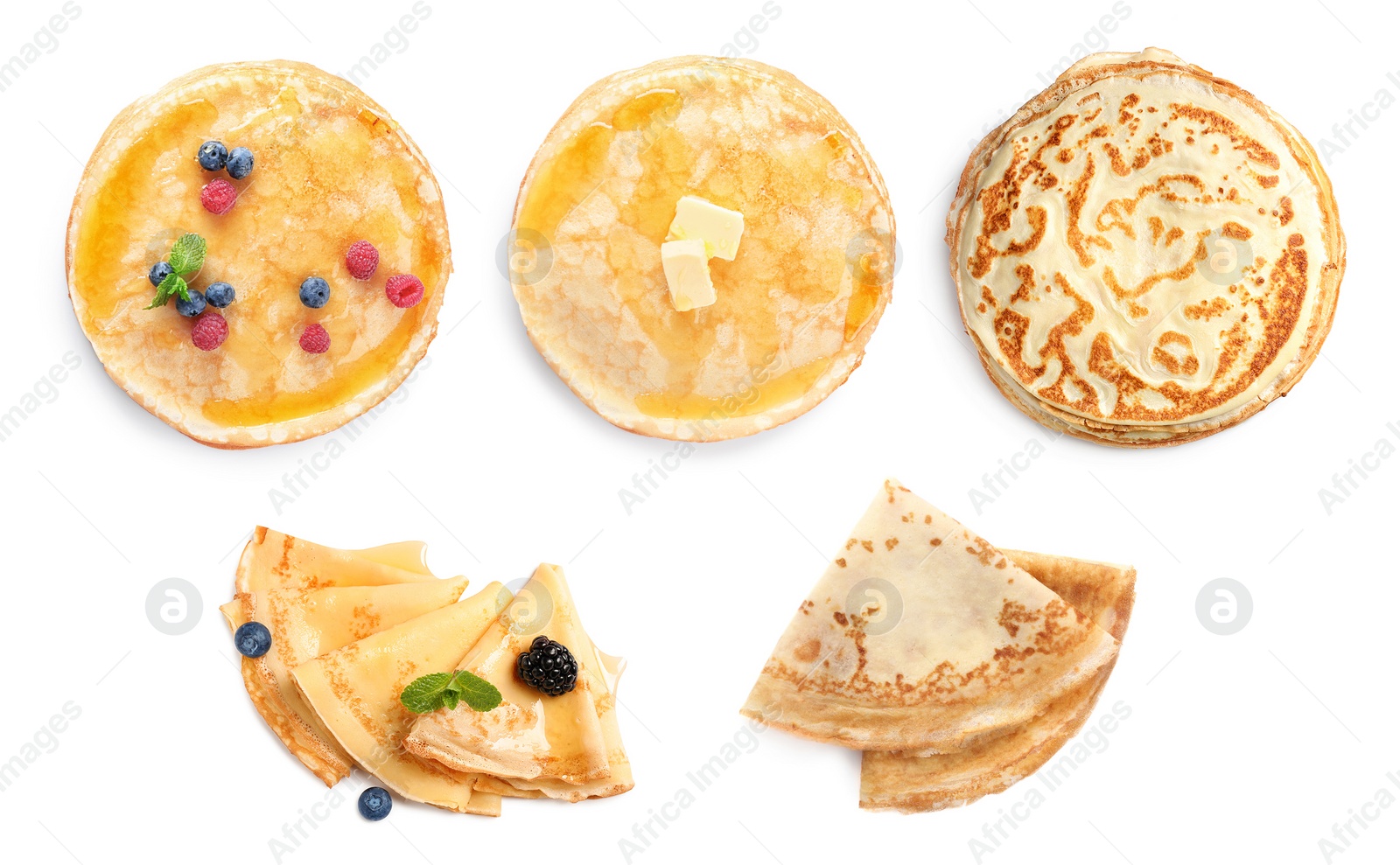 Image of Set of tasty thin pancakes on white background, top view. Banner design