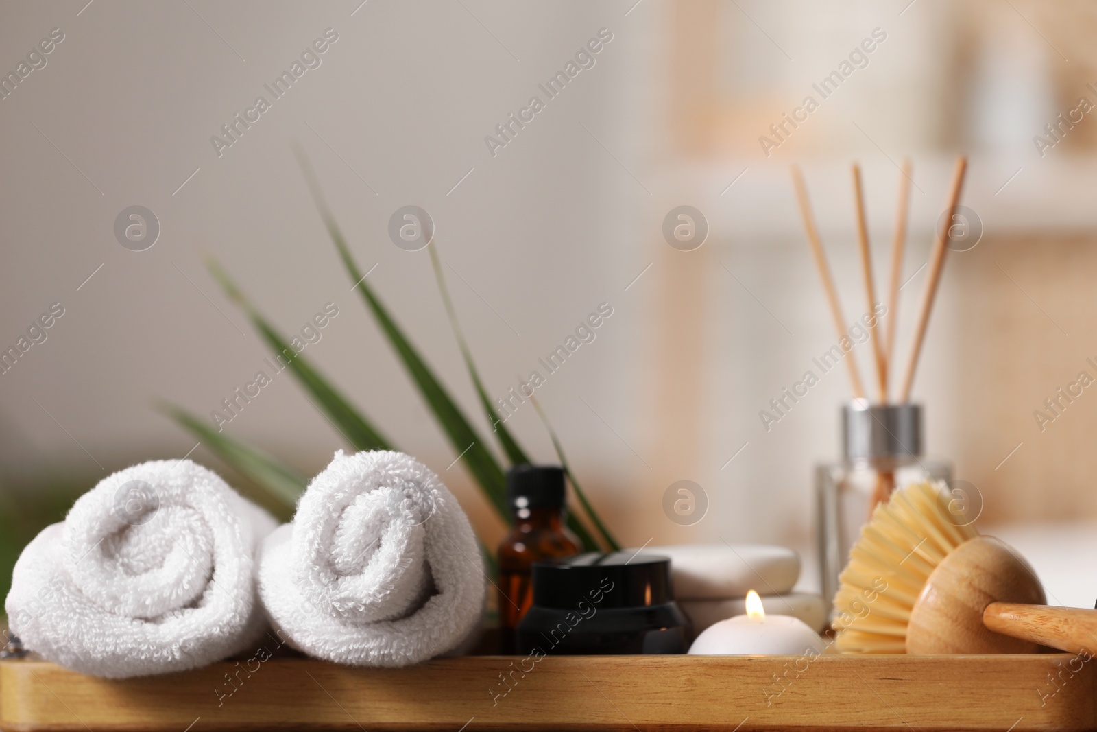 Photo of Composition with different spa products on wooden tray against blurred background, closeup. Space for text