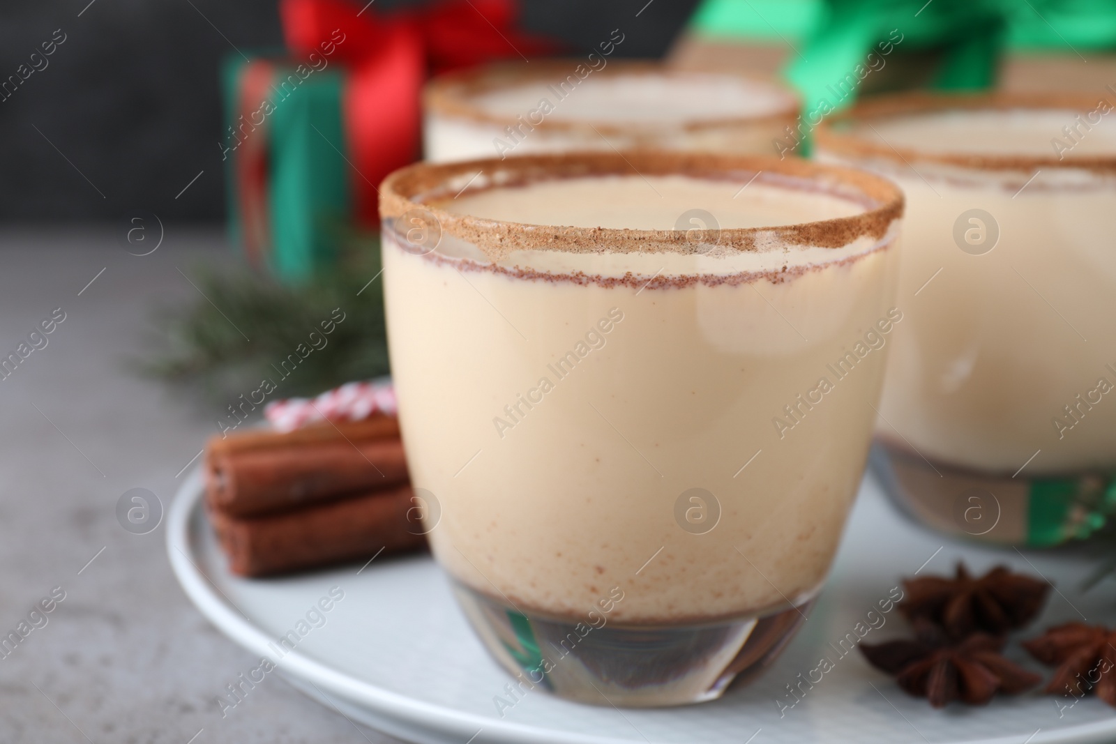 Photo of Delicious Christmas liqueur on tray, closeup view