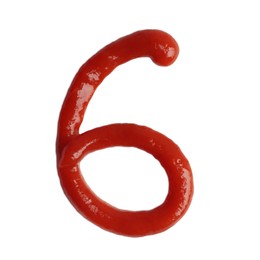 Photo of Number 6 written with ketchup on white background