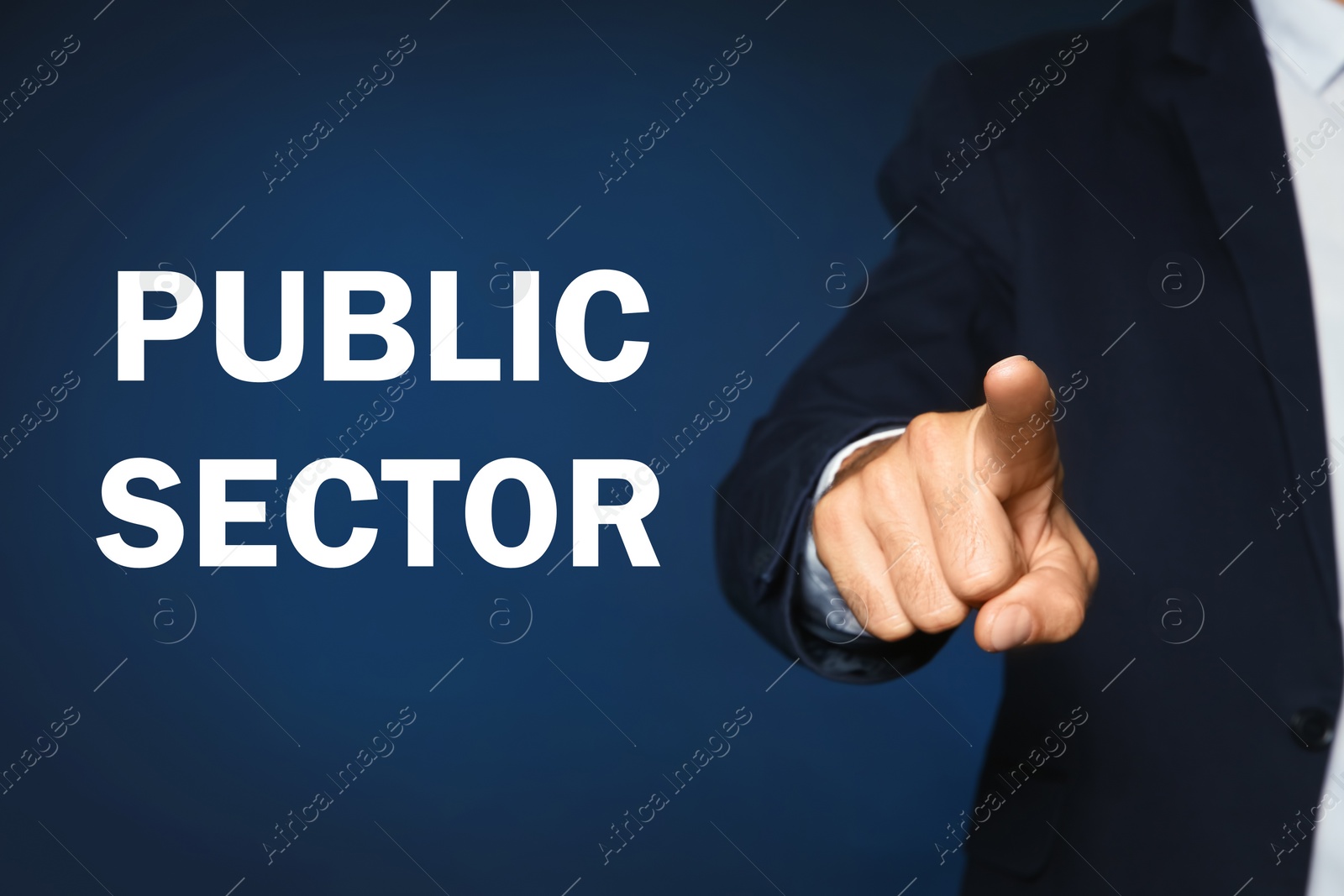 Image of Public Sector. Businessman on dark blue background, closeup view