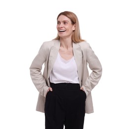 Photo of Portrait of beautiful happy businesswoman on white background