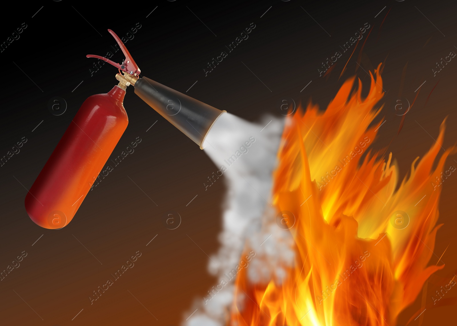 Image of Putting out flame with fire extinguisher on dark background