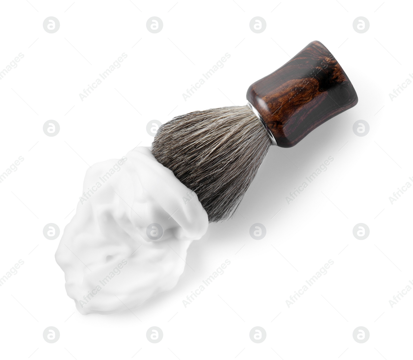 Photo of Shaving brush and foam on white background, top view