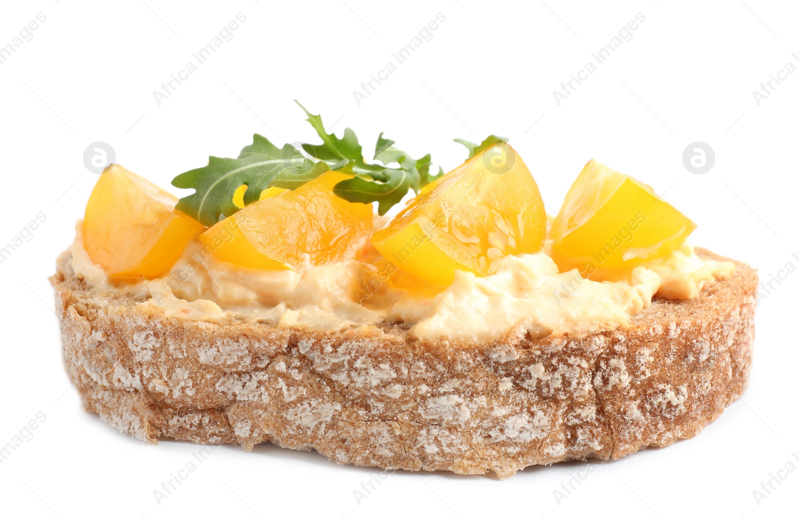 Photo of Tasty fresh tomato bruschetta on white background