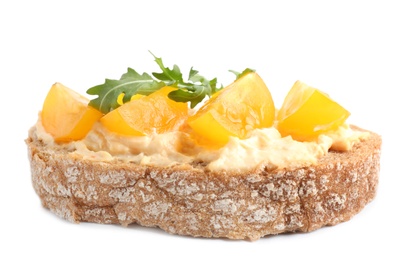 Photo of Tasty fresh tomato bruschetta on white background