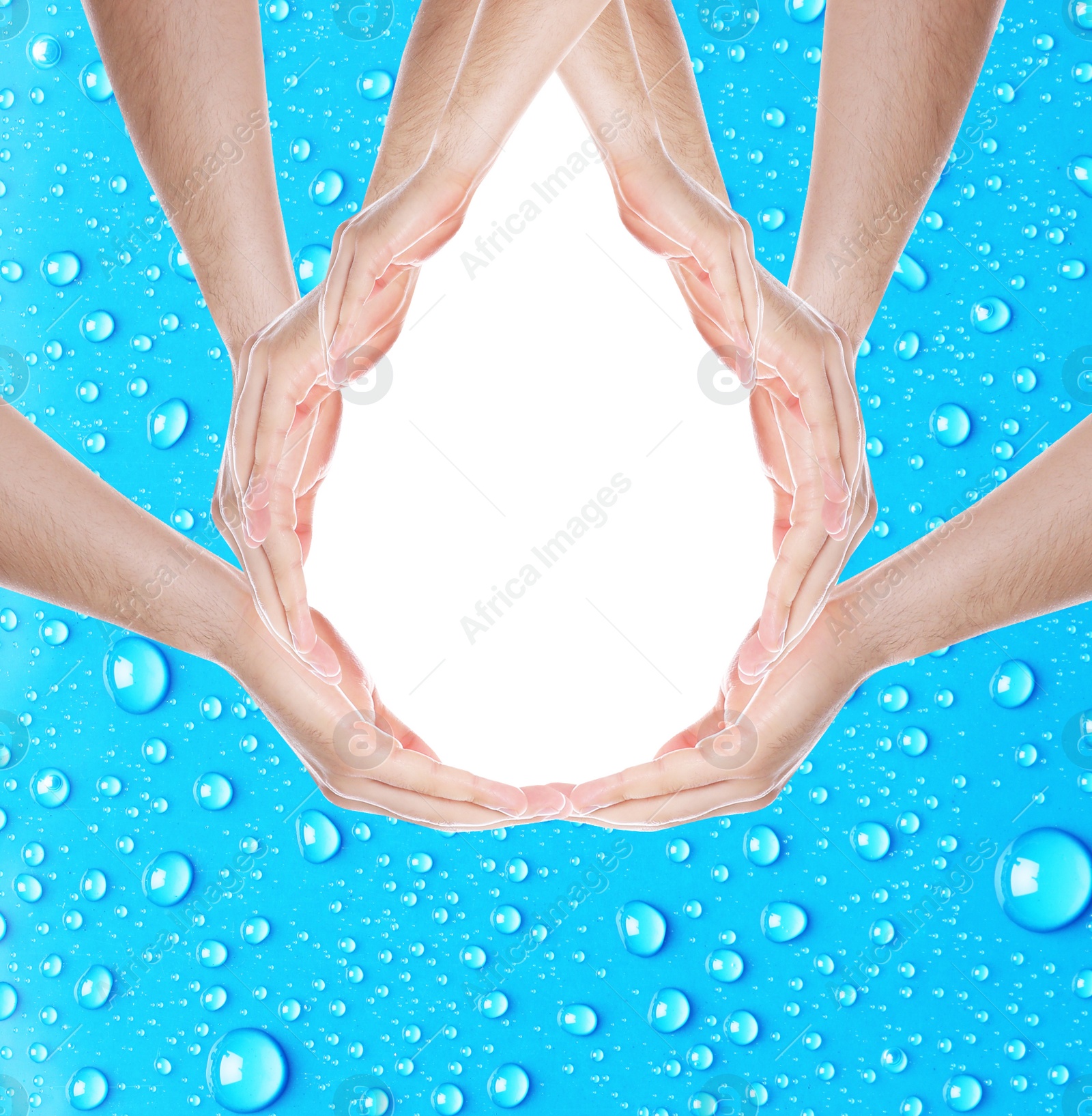 Image of Men forming water drop with their hands on light blue background, space for text. Ecology protection