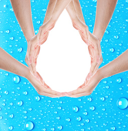 Men forming water drop with their hands on light blue background, space for text. Ecology protection