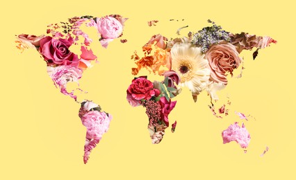 Image of World map made of beautiful flowers on yellow background, banner design