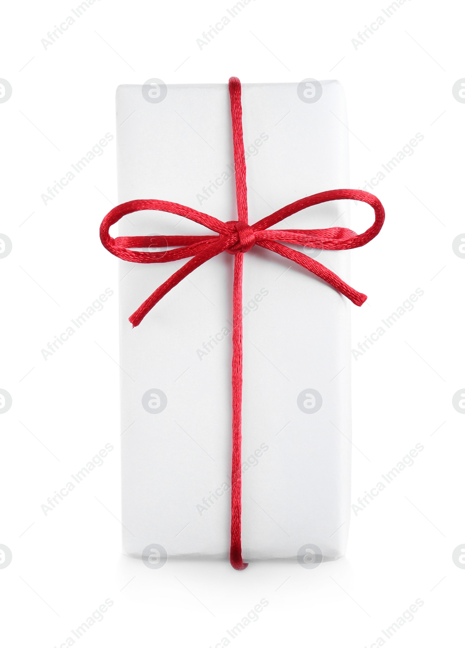 Photo of Beautiful gift box with red rope isolated on white, top view