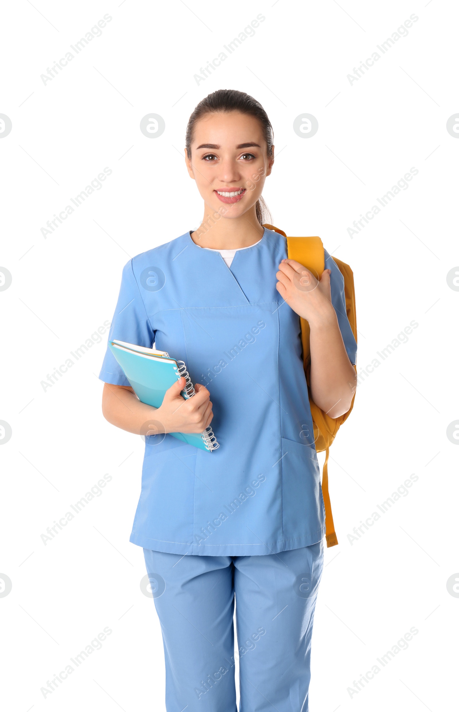 Photo of Young medical student with backpack on white background