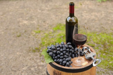 Delicious wine and ripe grapes on wooden barrel outdoors, space for text