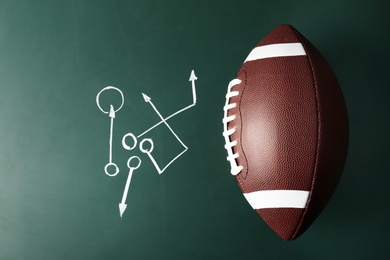 Chalkboard with football game scheme and rugby ball, top view
