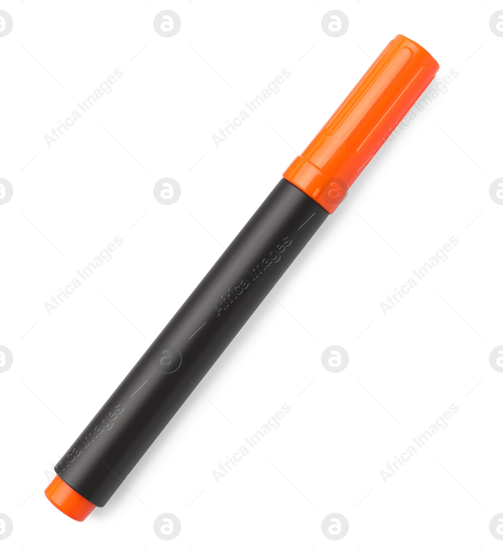 Photo of Bright orange marker isolated on white, top view. School stationery