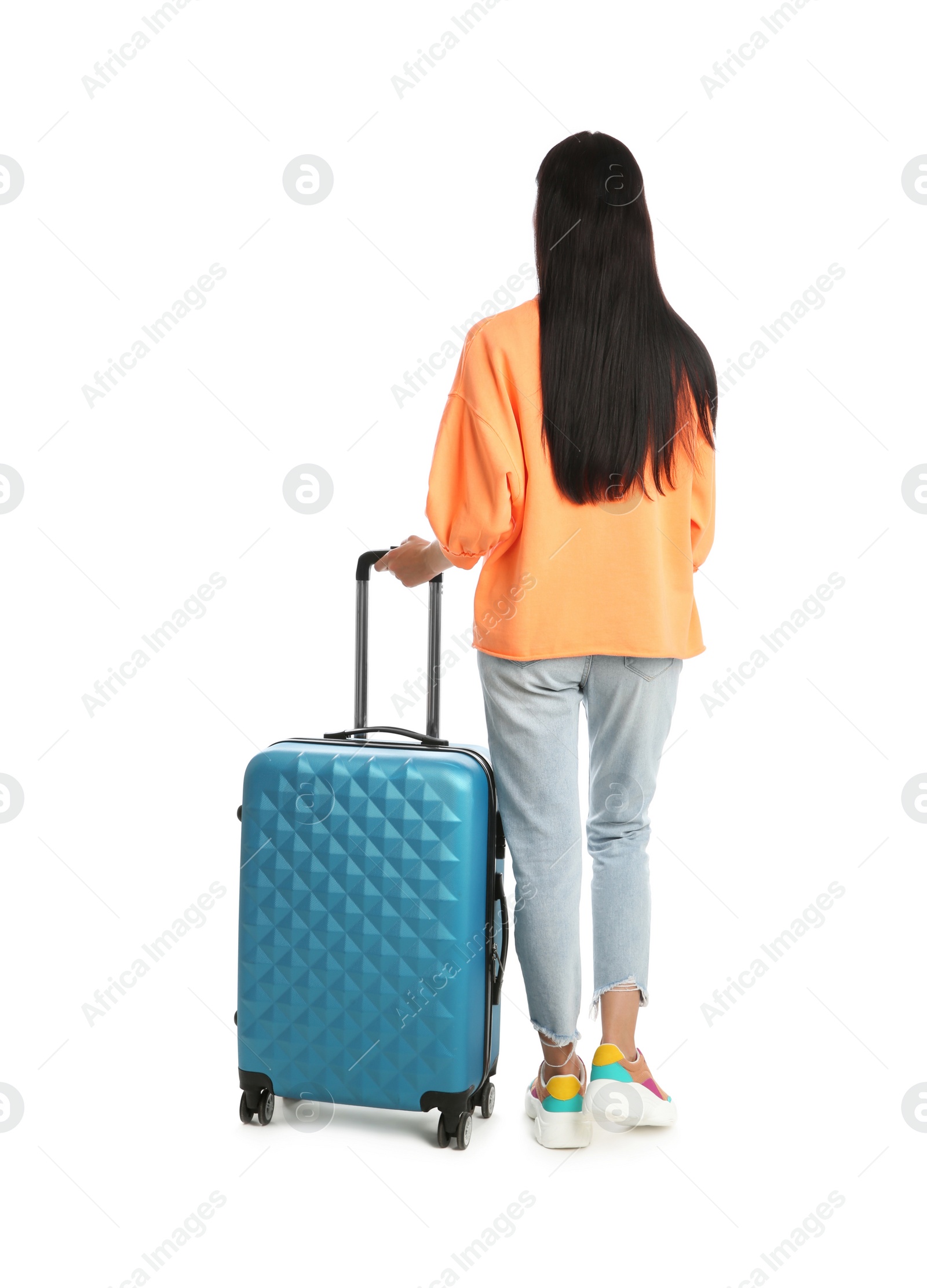 Photo of Beautiful woman with suitcase for summer trip on white background, back view. Vacation travel
