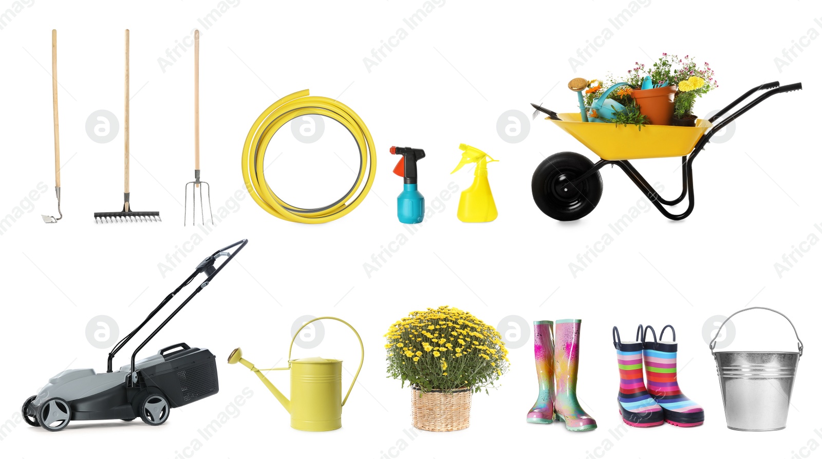 Image of Set with different gardening tools on white background