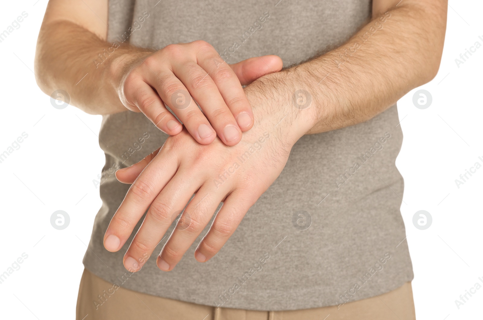 Photo of Man applying cream onto hand against white background, closeup