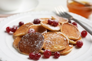 Photo of Delicious mini pancakes cereal with cranberries in plate, closeup