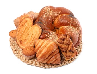 Photo of Wicker mat with different pastries isolated on white
