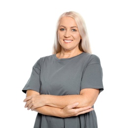 Portrait of mature woman with beautiful face on white background