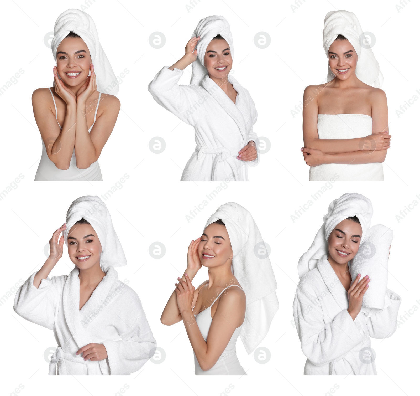 Image of Collage with photos of beautiful young woman with towels on white background