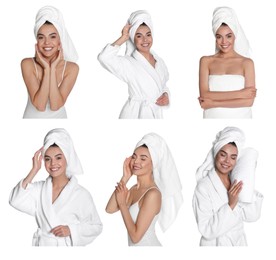 Image of Collage with photos of beautiful young woman with towels on white background