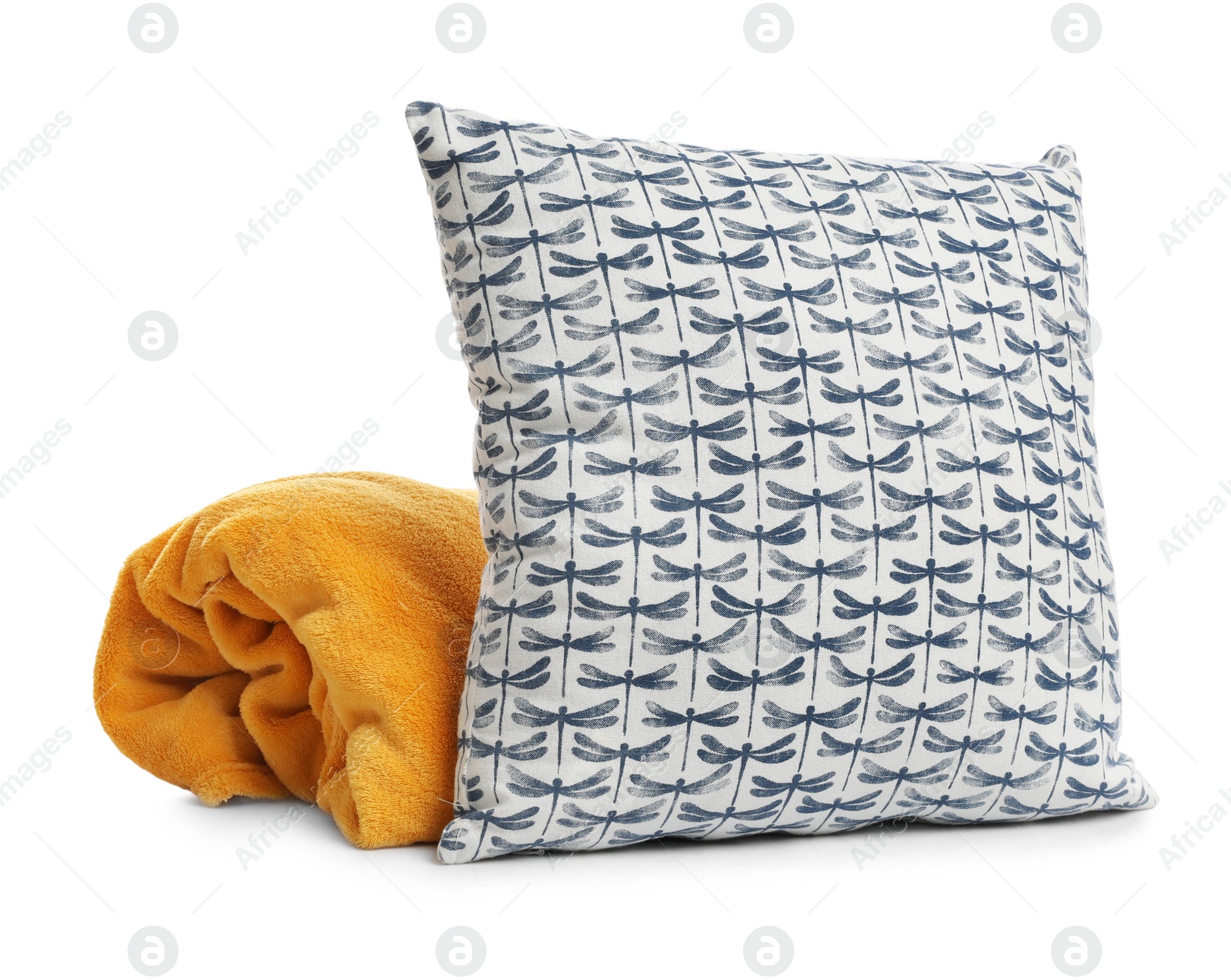 Photo of Stylish soft pillow and blanket on white background