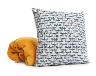 Stylish soft pillow and blanket on white background