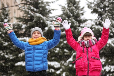 Happy children playing near fir trees covered with snow on winter day