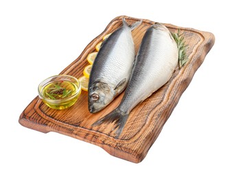 Wooden board with salted herrings, slices of lemon, oil and rosemary isolated on white