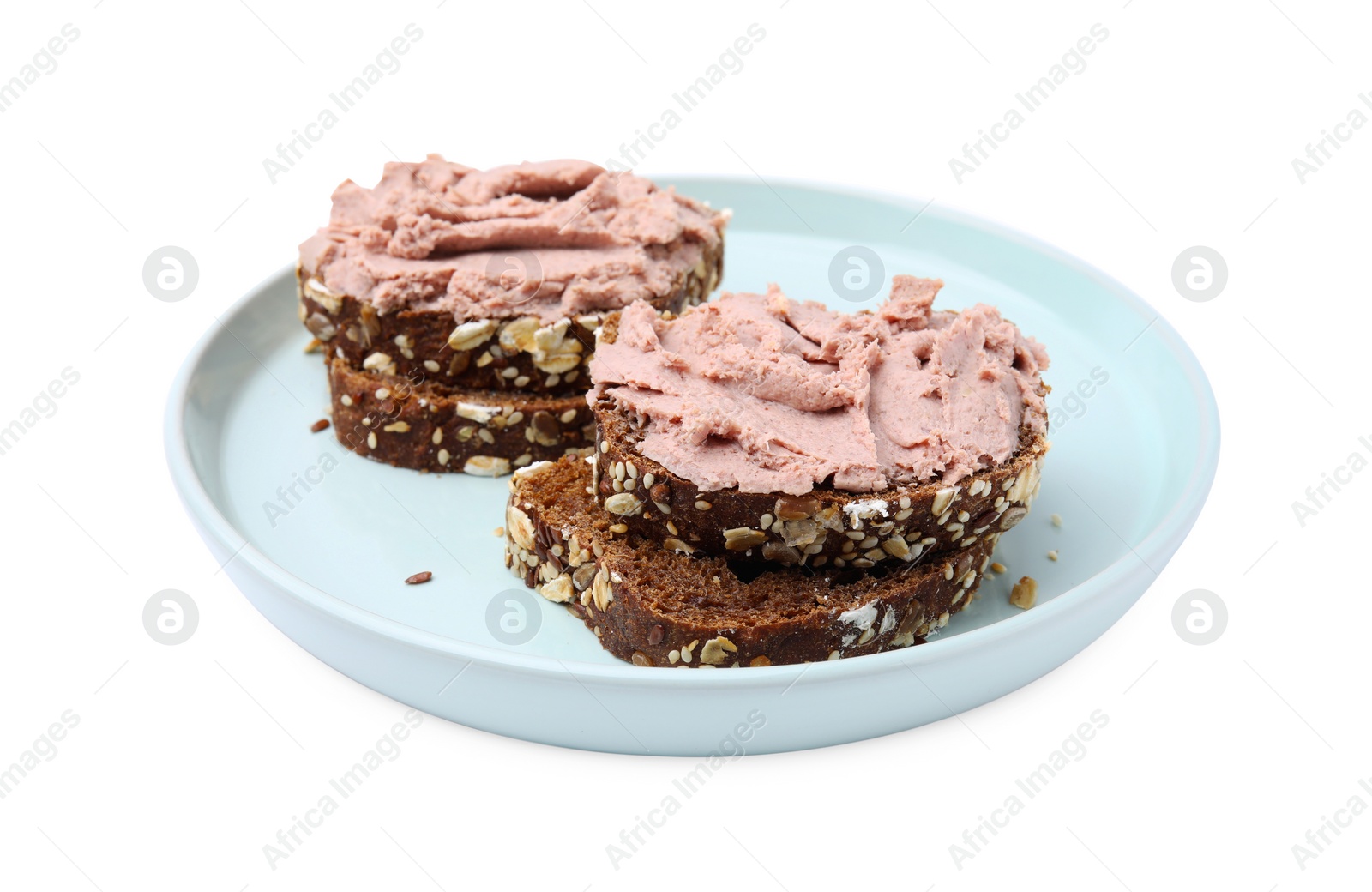 Photo of Plate with delicious liverwurst sandwiches isolated on white
