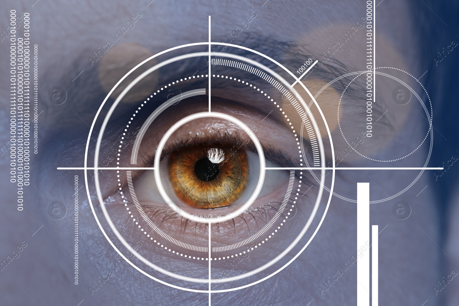 Image of Closeup view of man in process of scanning, focus on eye